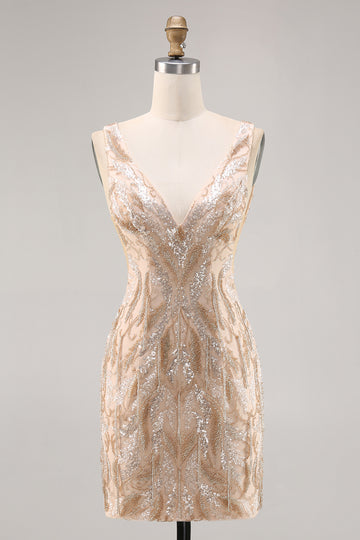 Champagne V-Neck Tight Homecoming Dress with Sequins